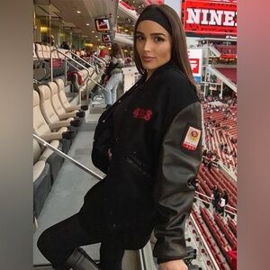 BNWT Olivia Culpo Black San Francisco Varsity 49ers Letterman Jacket Niners